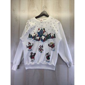 Vtg 1991 Jane Colby Christmas Ice Skating Penguins Womens Sweatshirt Size M-USA